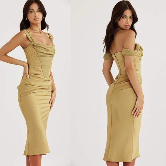 House of CB 'Natalya' Olive Satin Corset Midi Dress NWOT - Picture 5 of 12